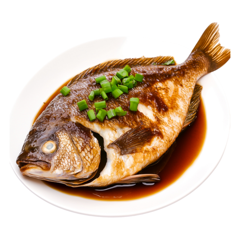 Freshly Cooked Whole Fish Garnished with Green Onions in Soy Sauce png