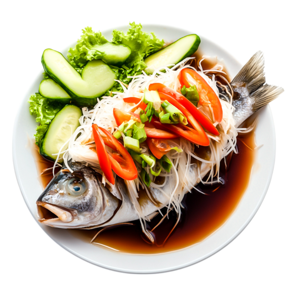 Freshly Cooked Whole Fish Dish with Vegetables and Green Sauce Presentation png