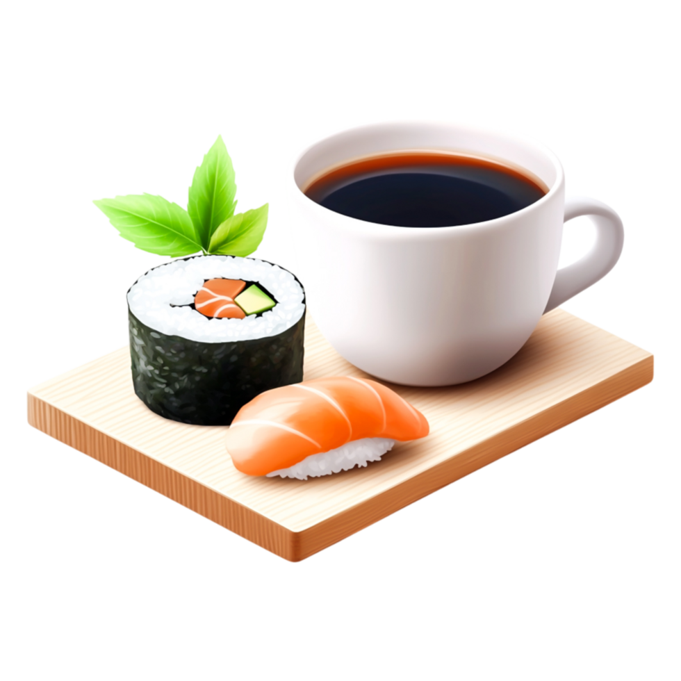 Fresh Sushi and Sipping Tea Wooden Board with Green Leaf Accent png