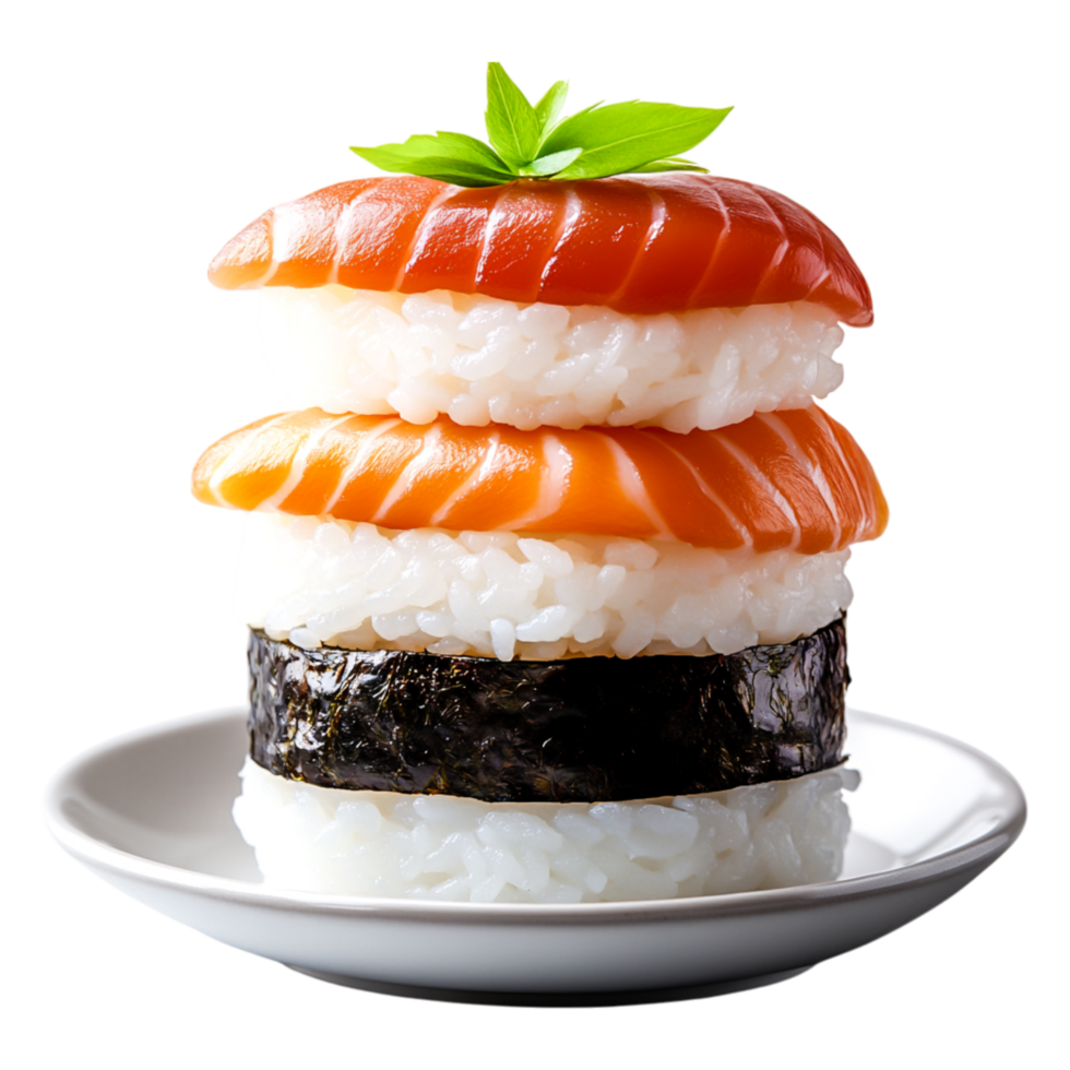 Delicious sushi stack with fresh salmnd rice garnish on white plate png