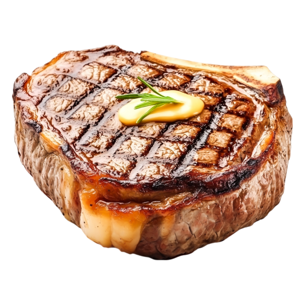 Juicy Grilled Steak with Grill Marks and Herb Butter Garnish png