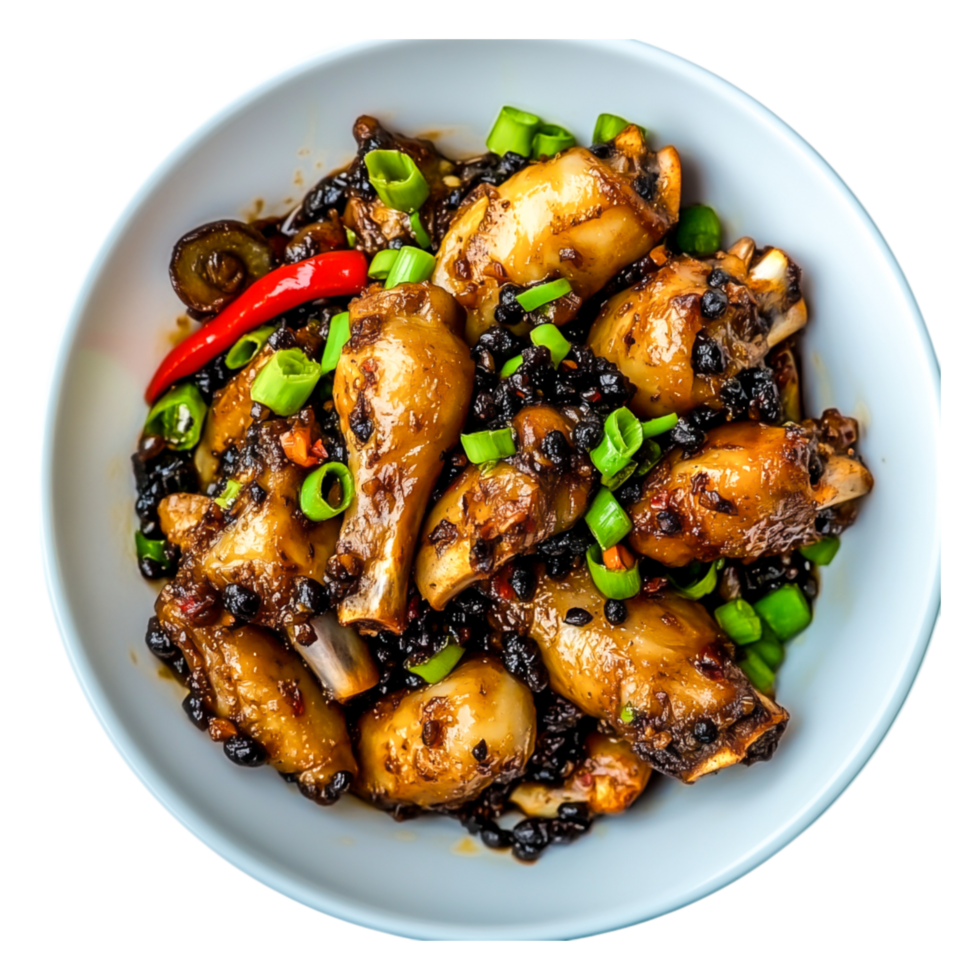 Succulent Chicken Drumsticks in Savory Black Bean Sauce with Garnish png