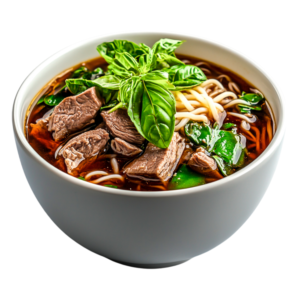 Delicious beef noodle soup with fresh basil and vibrant vegetables png