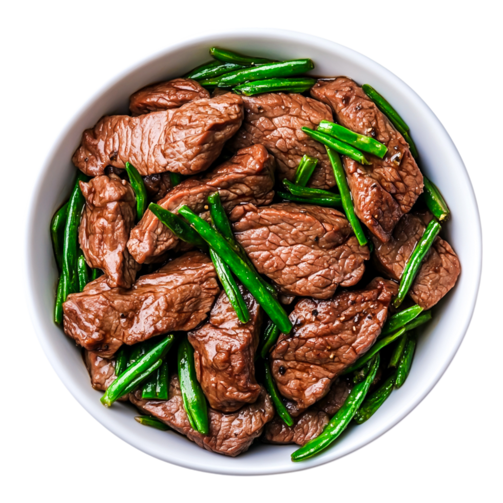 Sauteed Beef Strips with Fresh Green Beans in Bowl Presentation png