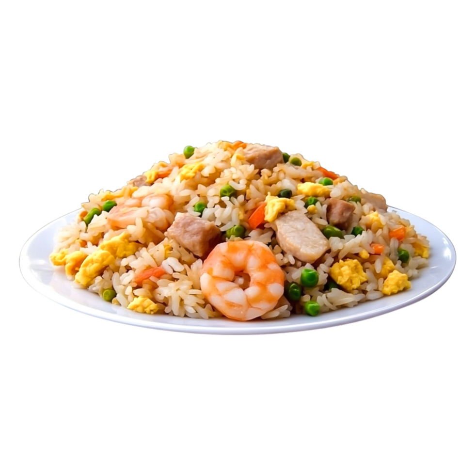 Delicious shrimp fried rice with vegetables served white plate png