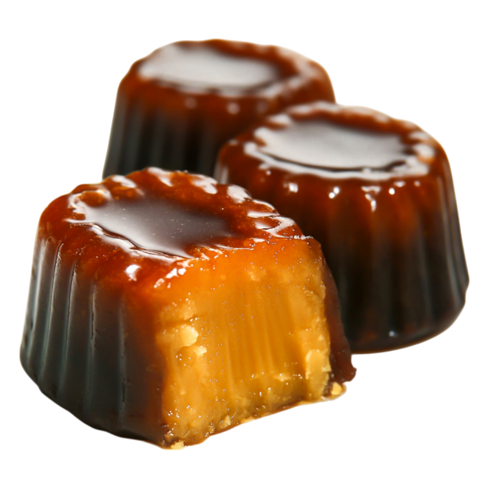 Delicious caramel dessert with shiny glaze and rich texture png