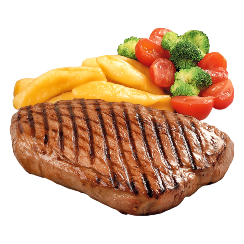 Grilled Steak with Fresh Vegetables and Colorful Fruit on Plate png