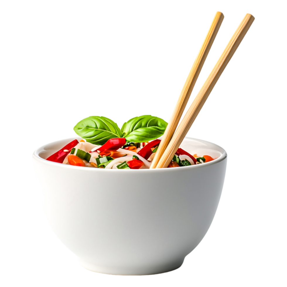 Fresh Vegetable Noodle Bowl with Basil and Chopsticks png