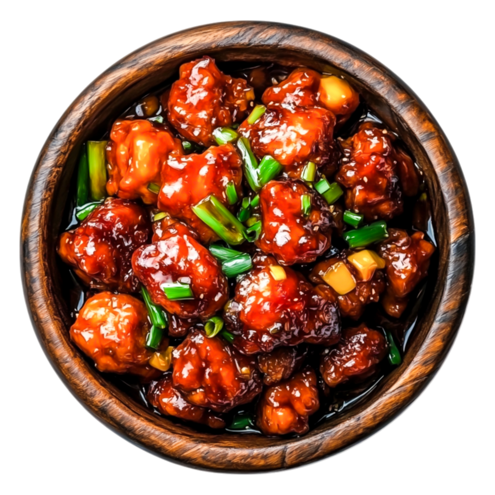 Delicious Sweet and Sour Chicken in Bowl with Fresh Green Onion Garnish png