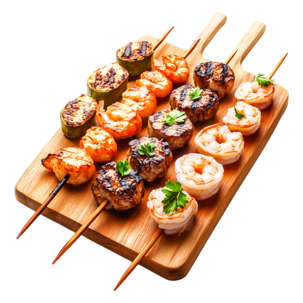 Grilled Shrimp and Scallop Skewers on Wooden Platter with Fresh Garnish png