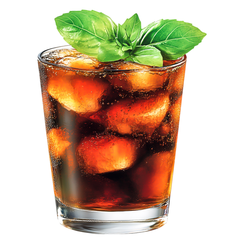 Refreshing Beverage with Ice and Basil Leaves in a Glass png