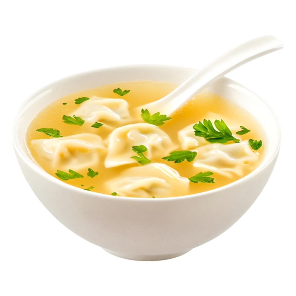 Fresh Dumplings in Clear Broth with Parsley Garnish in White Bowl png