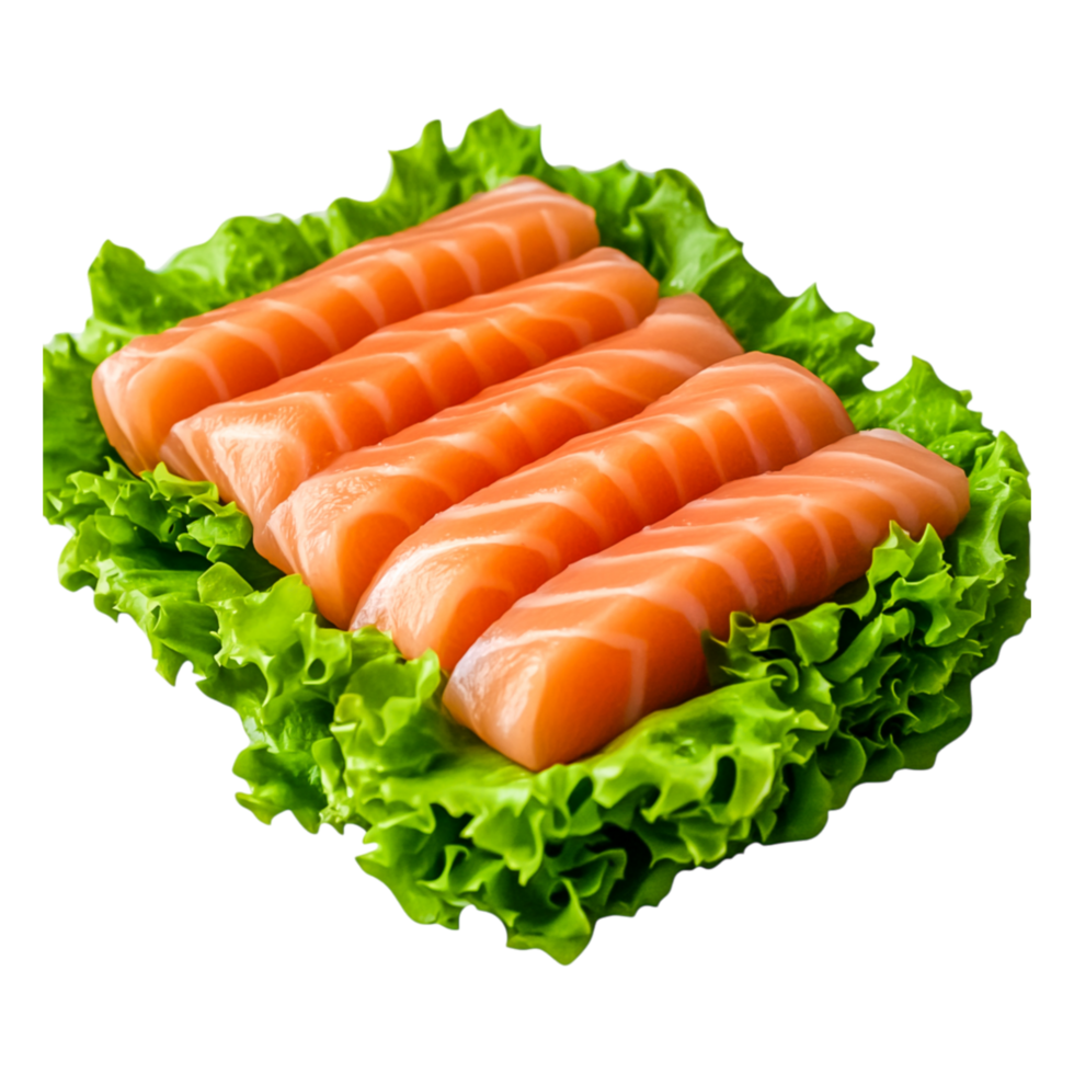 Fresh Salmon Slices Bed of Crisp Green Lettuce Isolated on png