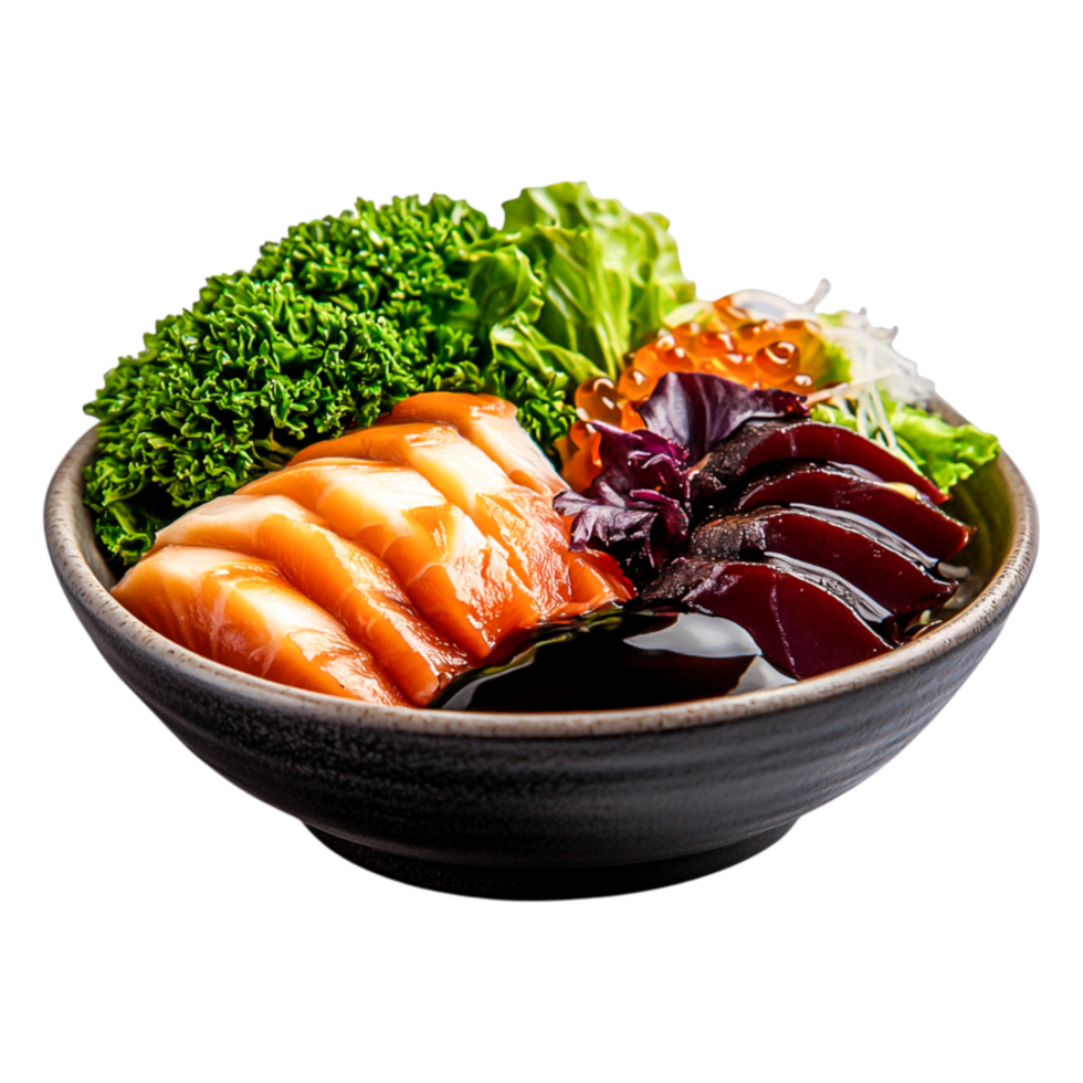 Fresh Salmon Sashimi with Vegetables and Soy Sauce Dark Bowl png