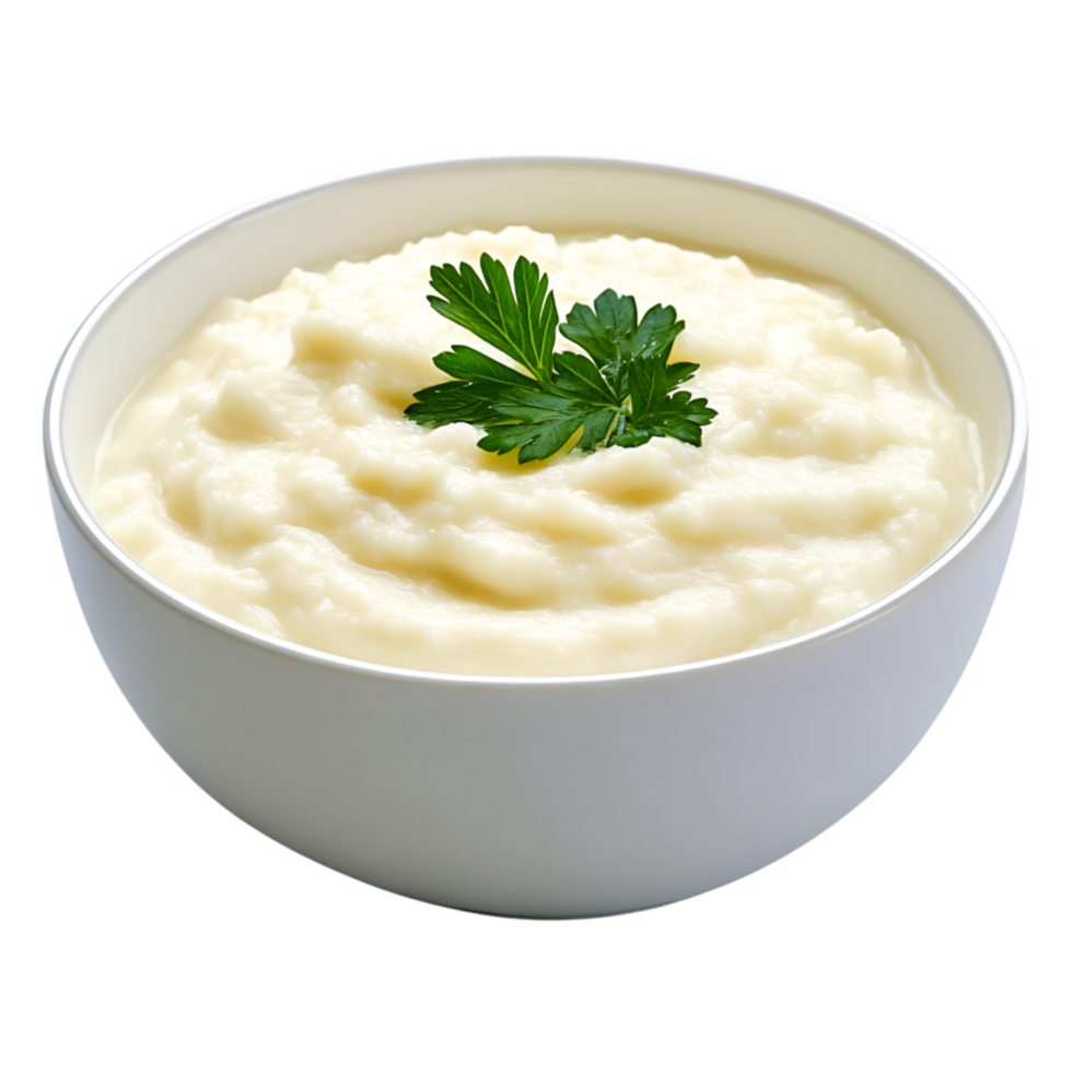 Creamy Mashed Potatoes in White Bowl with Fresh Parsley Garnish png