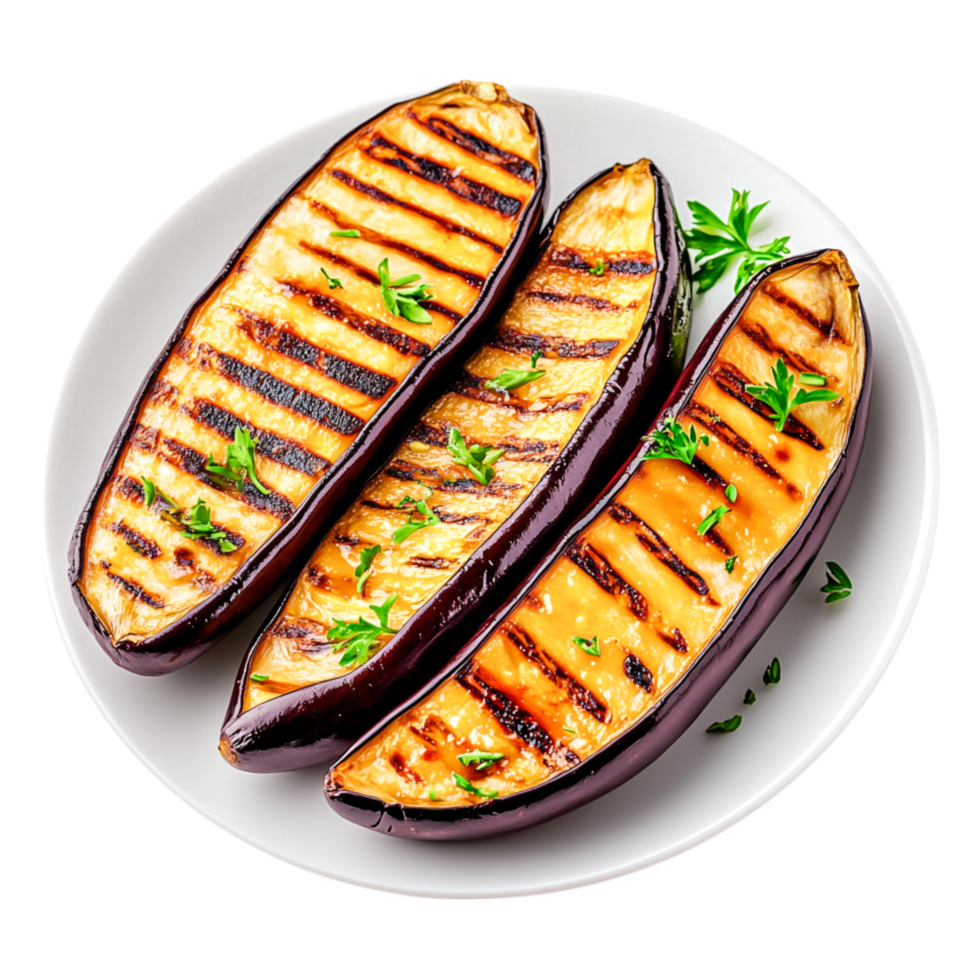 Grilled Eggplant Slices on Plate with Fresh Herbs and Olive Oil Drizzle png