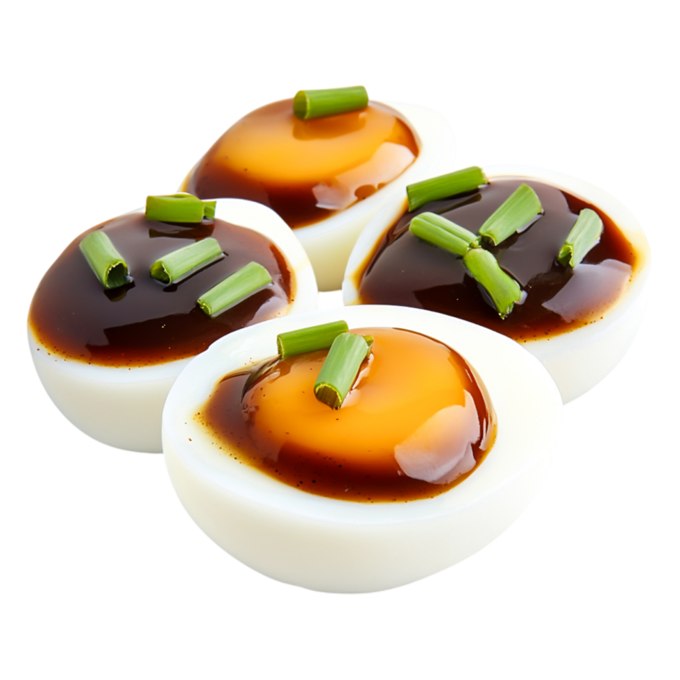 Delicious Soft-Boiled Eggs with Soy Sauce and Chopped Green Onion Garnish png