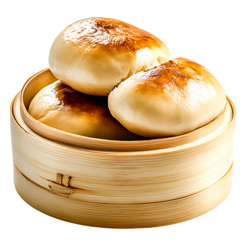 Steamed Buns in Bamboo Steamer with Golden Brown Tops and Soft Texture png