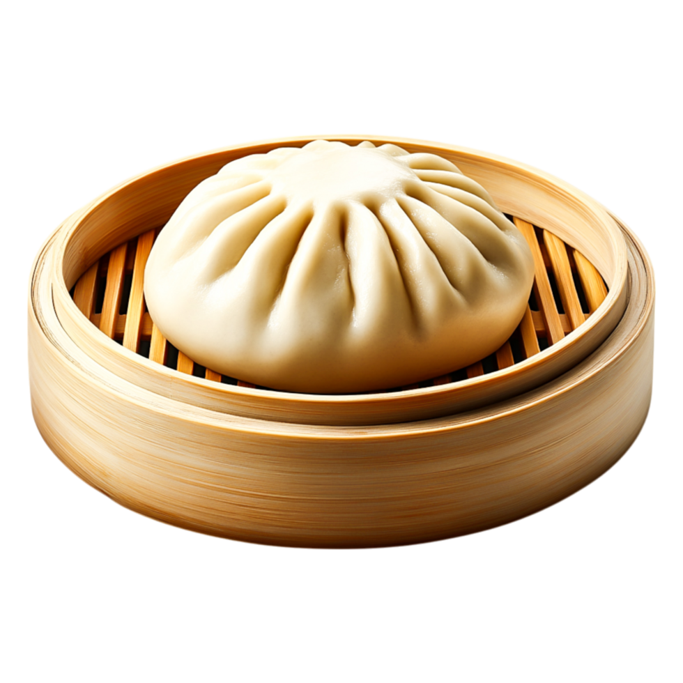 Freshly Steamed Dumpling in Bamboo Steamer on Wooden Background png