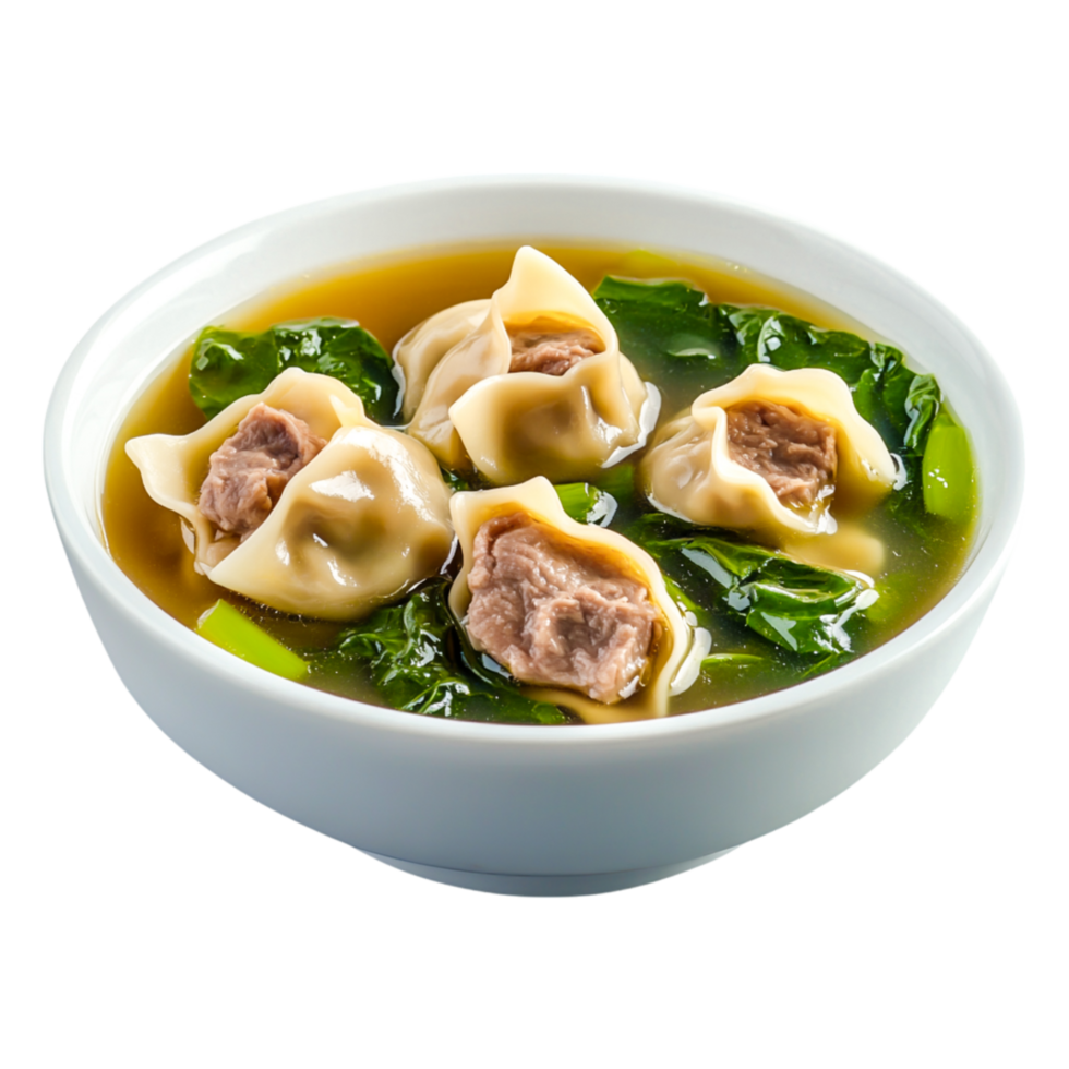 Fresh Dumplings in Broth with Leafy Greens in White Bowl png