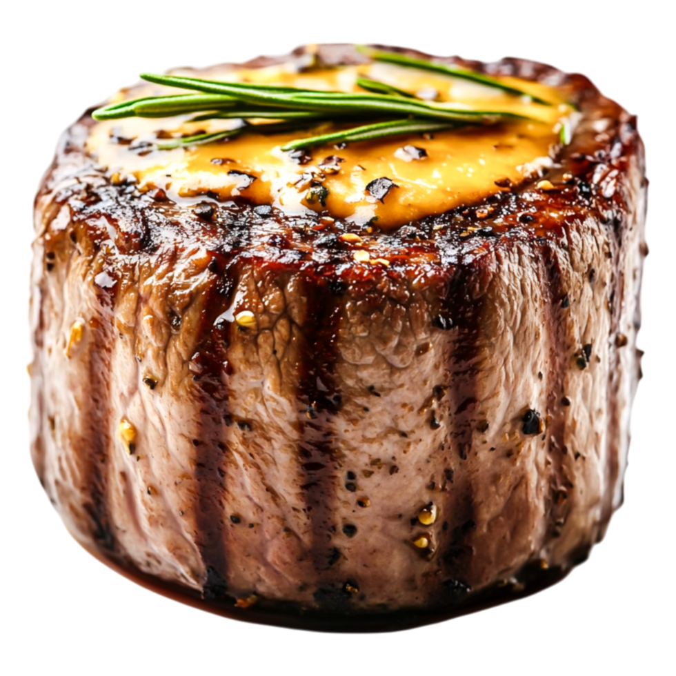 Grilled Tender Steak with Herb Garnish on Dark Plate for Gourmet Serving png