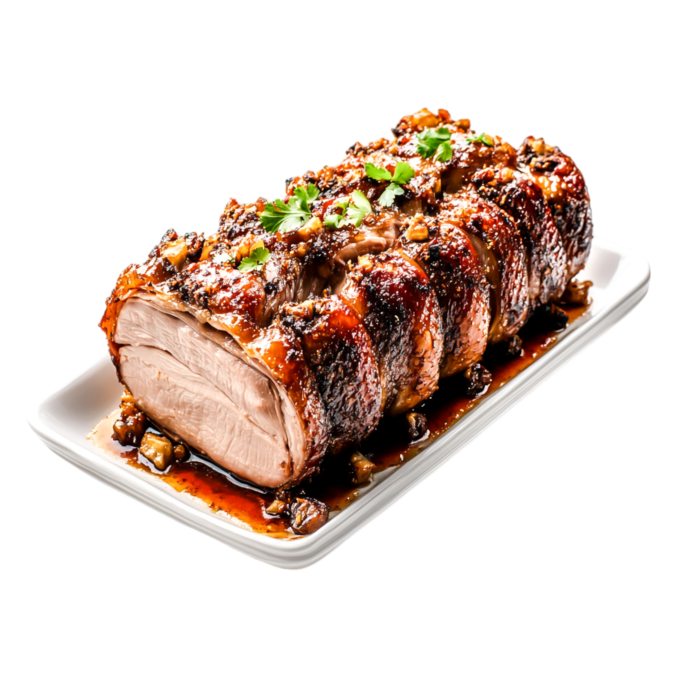 Deliciously Roasted Pork Loin with Glaze and Fresh Herbs on White Plate png