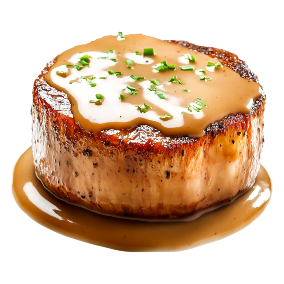 Delicious Tender Steak with Rich Brown Gravy and Fresh Chives Garnish png