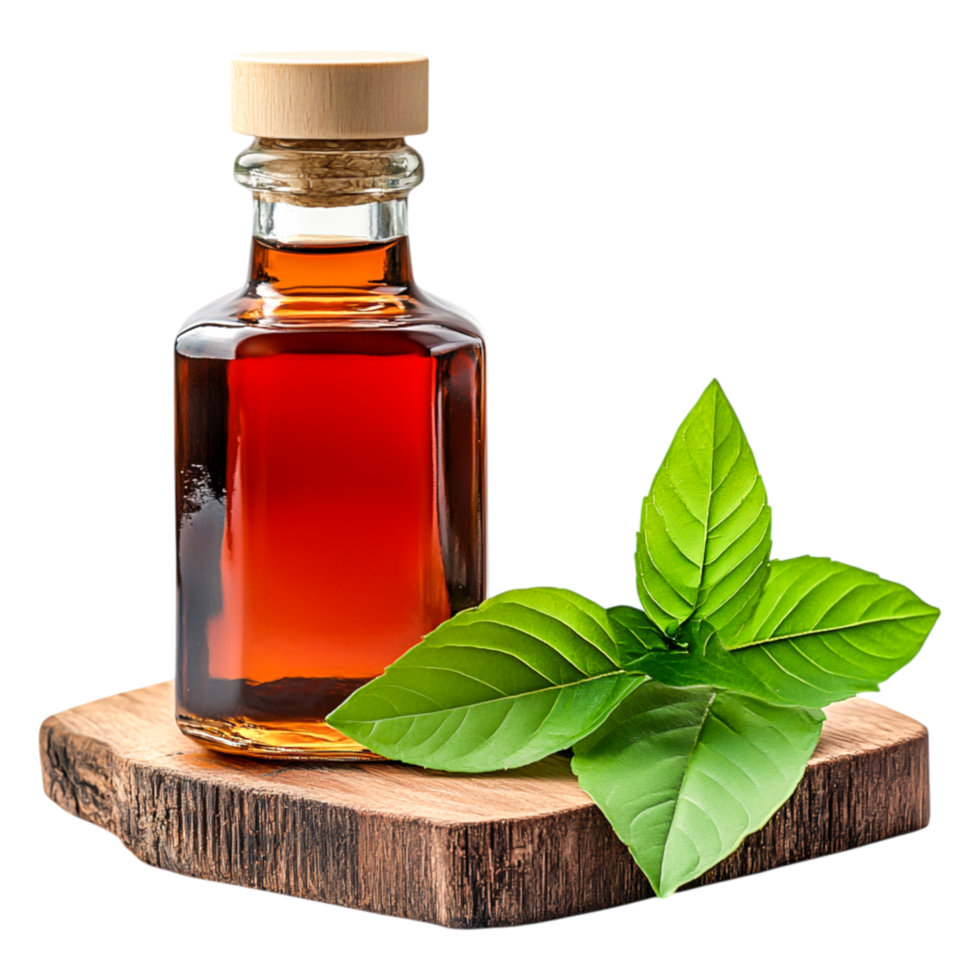 Glass bottle with natural herbal oil and fresh green basil leaves on wood png