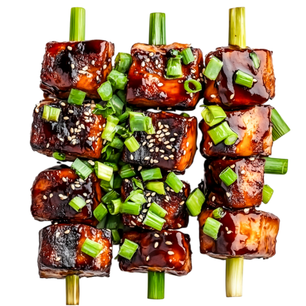 Grilled Barbecued Skewers with Glazed Sauce and Fresh Green Onions png