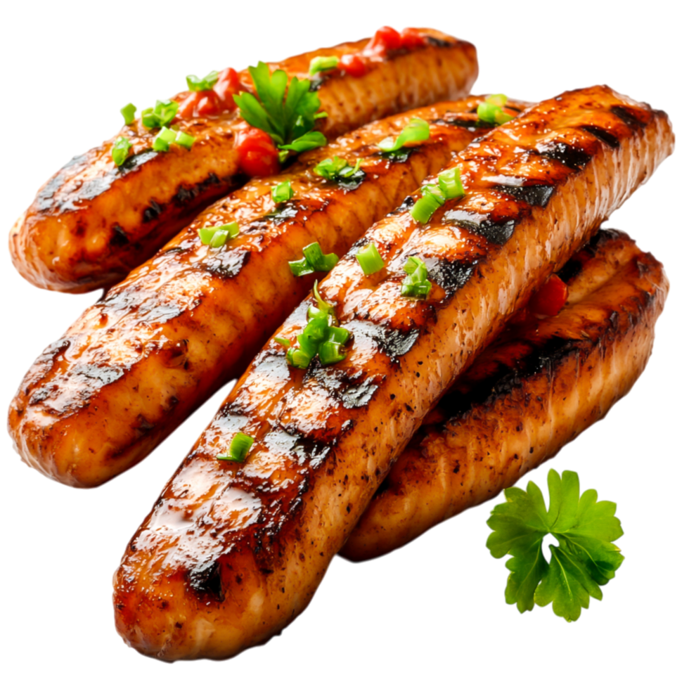 Grilled sausages with herbs and sauce png