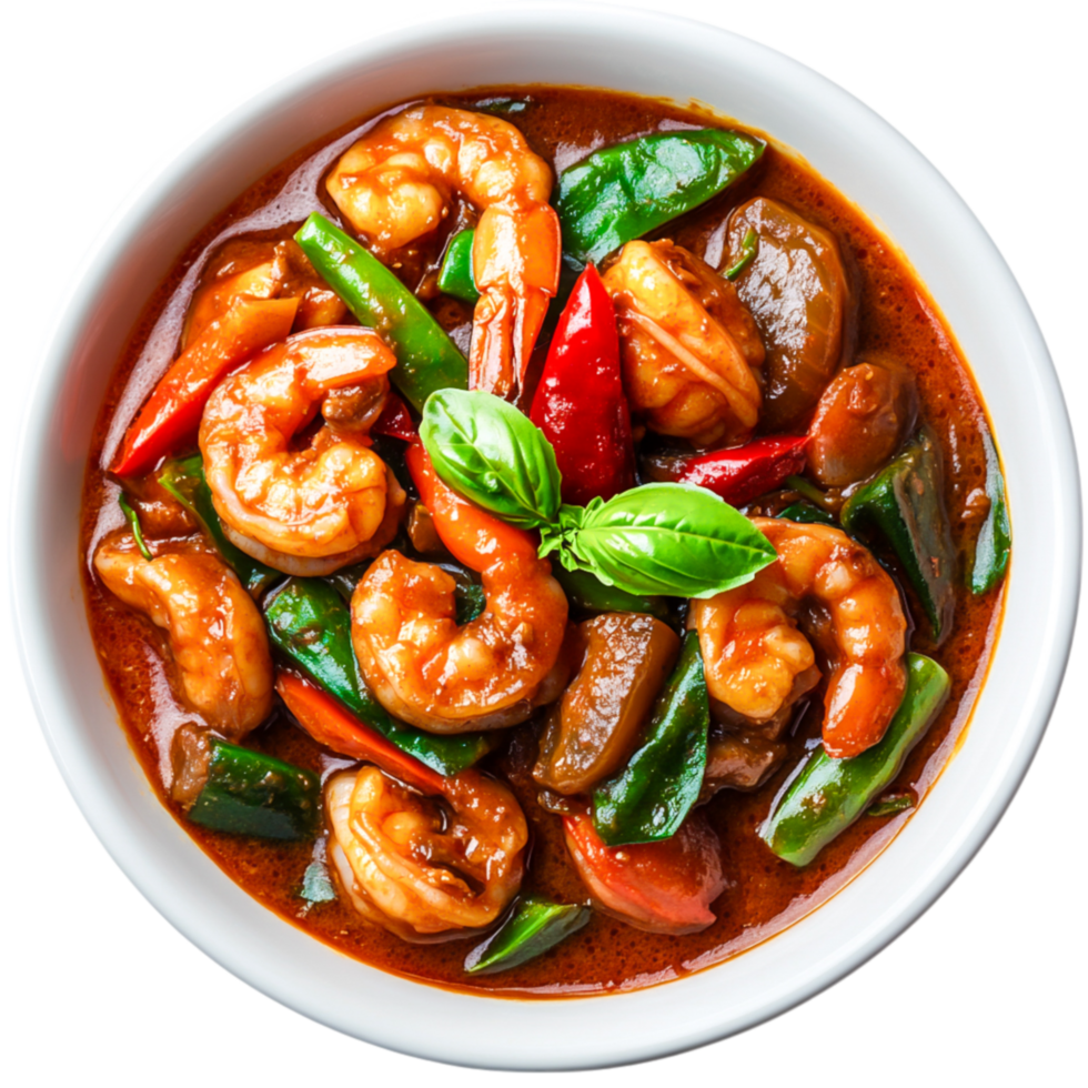 Vibrant Shrimp Dish with Bell Peppers and Fresh Basil Garnish png
