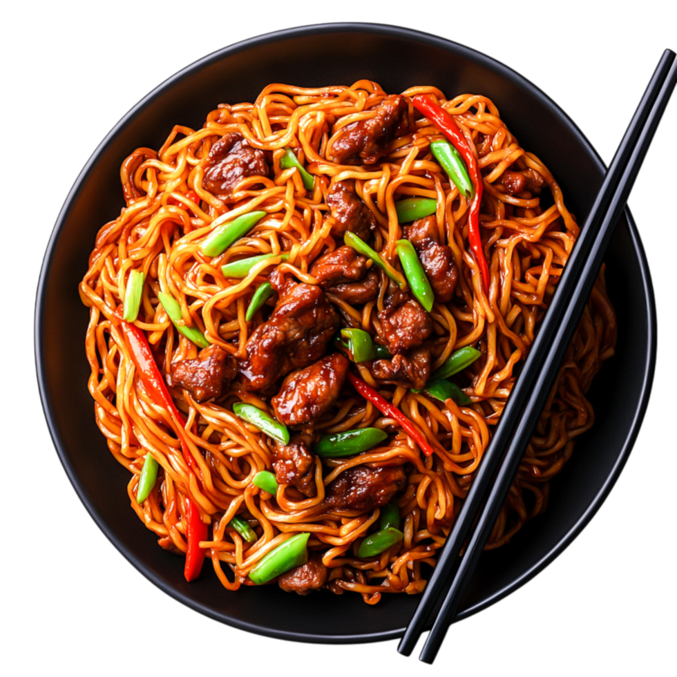 Delicious Stir-Fried Noodles with Beef and Vegetables in Black Bowl png