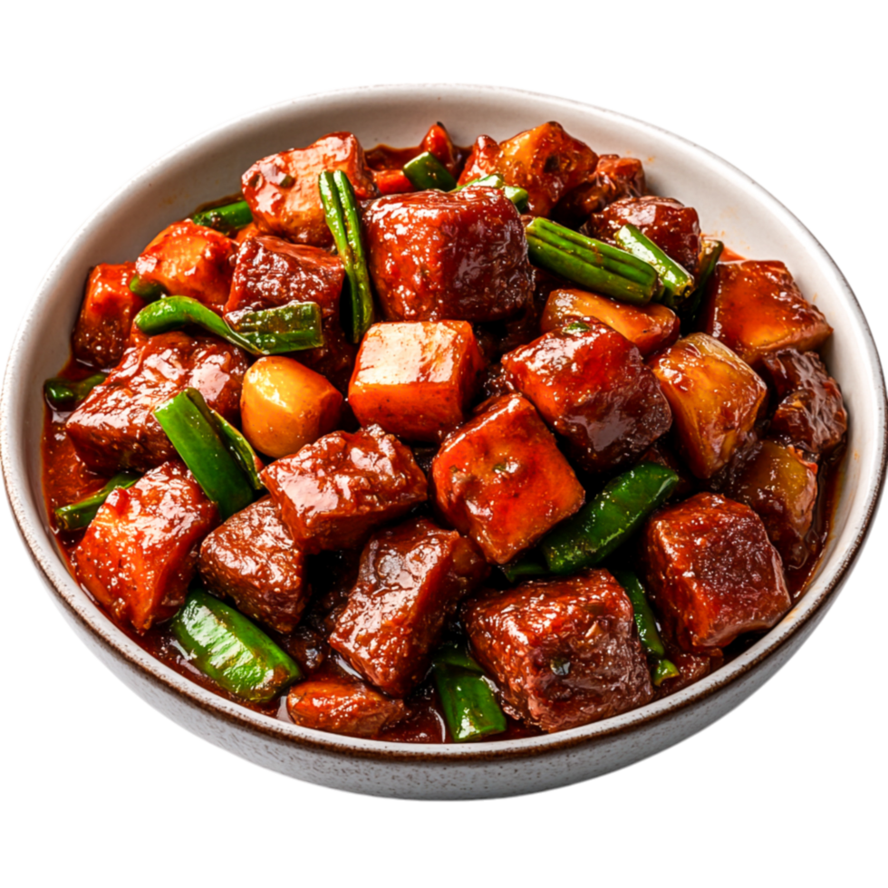 Delicious Cubes of Vegetables and Meat in Sweet Sauce White Plate png