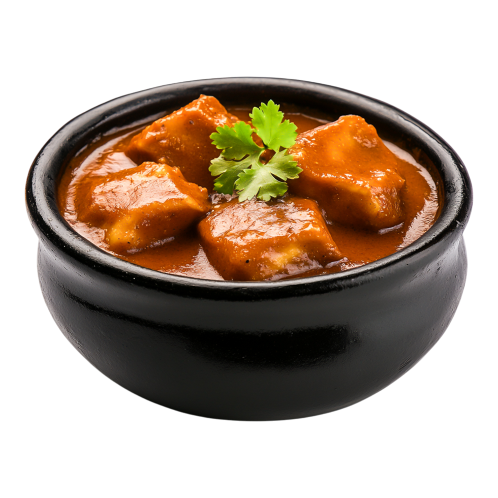 Delicious Curry Dish with Paneer in Black Bowl Garnished with Cilantro png