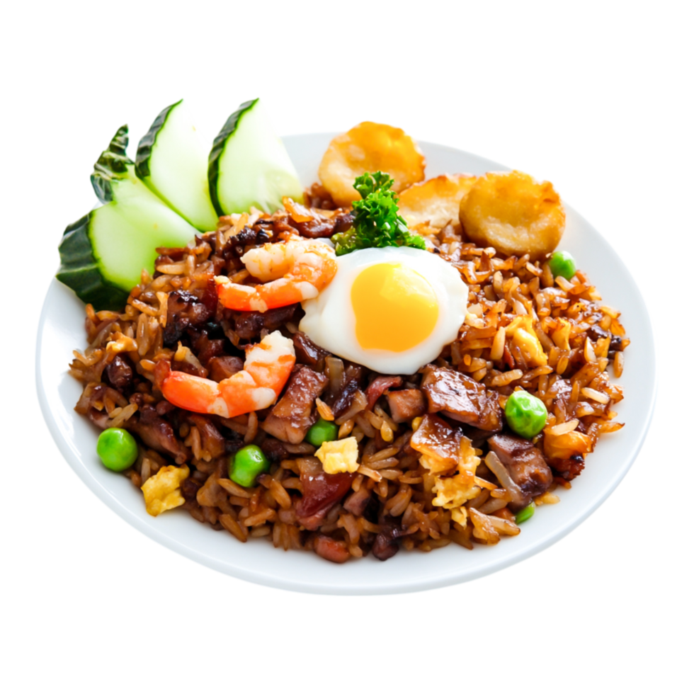 Delicious Fried Rice Dish with Shrimp, Egg, Vegetables, and Garnish png