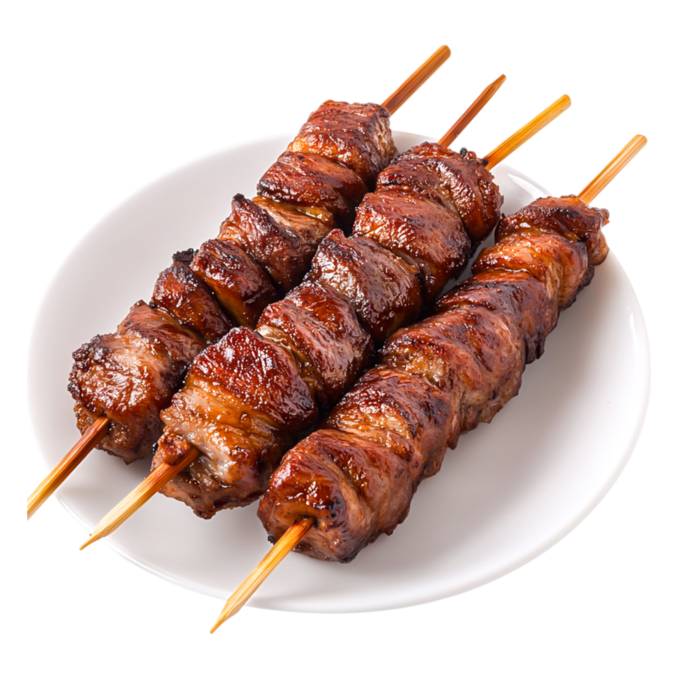 Grilled Skewers of Beef on Wooden Sticks Served on White Plate png