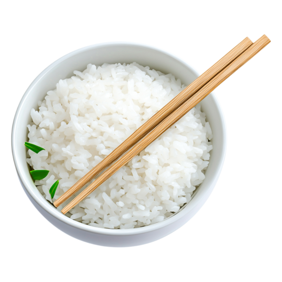 Bowl of Steamed White Rice with Wooden Chopsticks and Green Garnish png