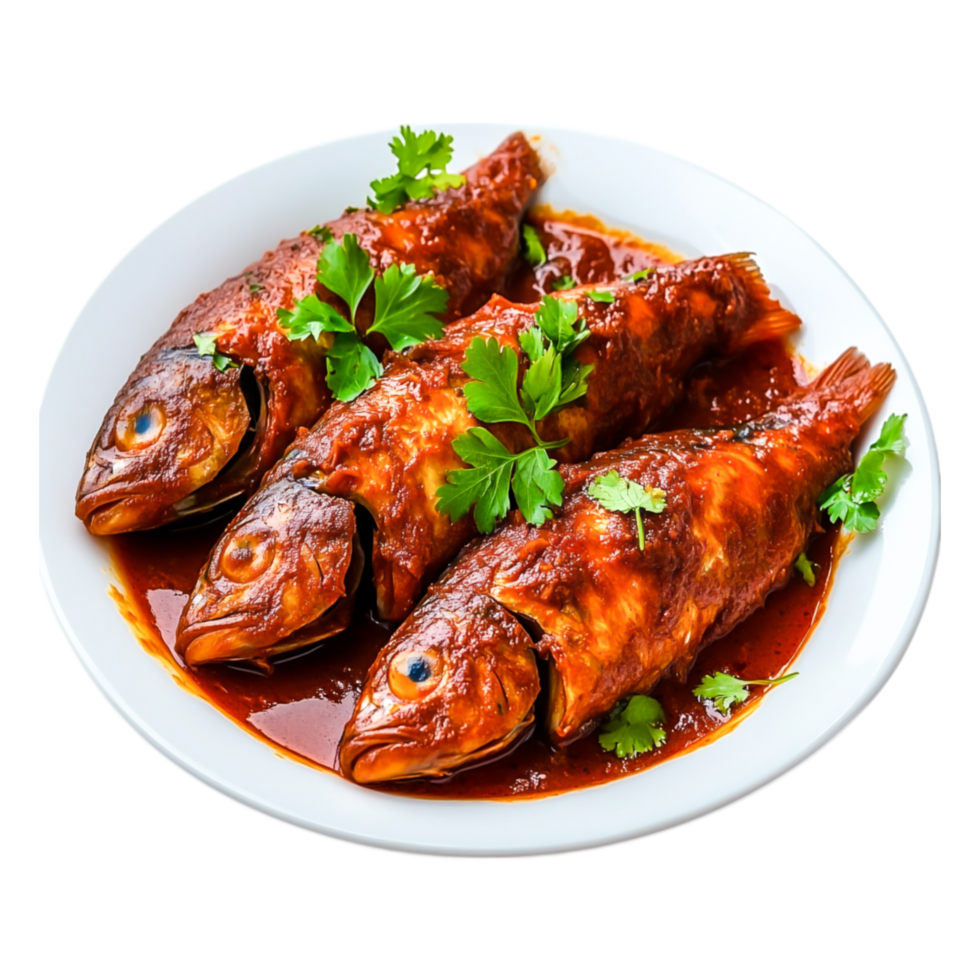 Grilled Fish in Tangy Sauce Garnished with Fresh Herbs and Spices png