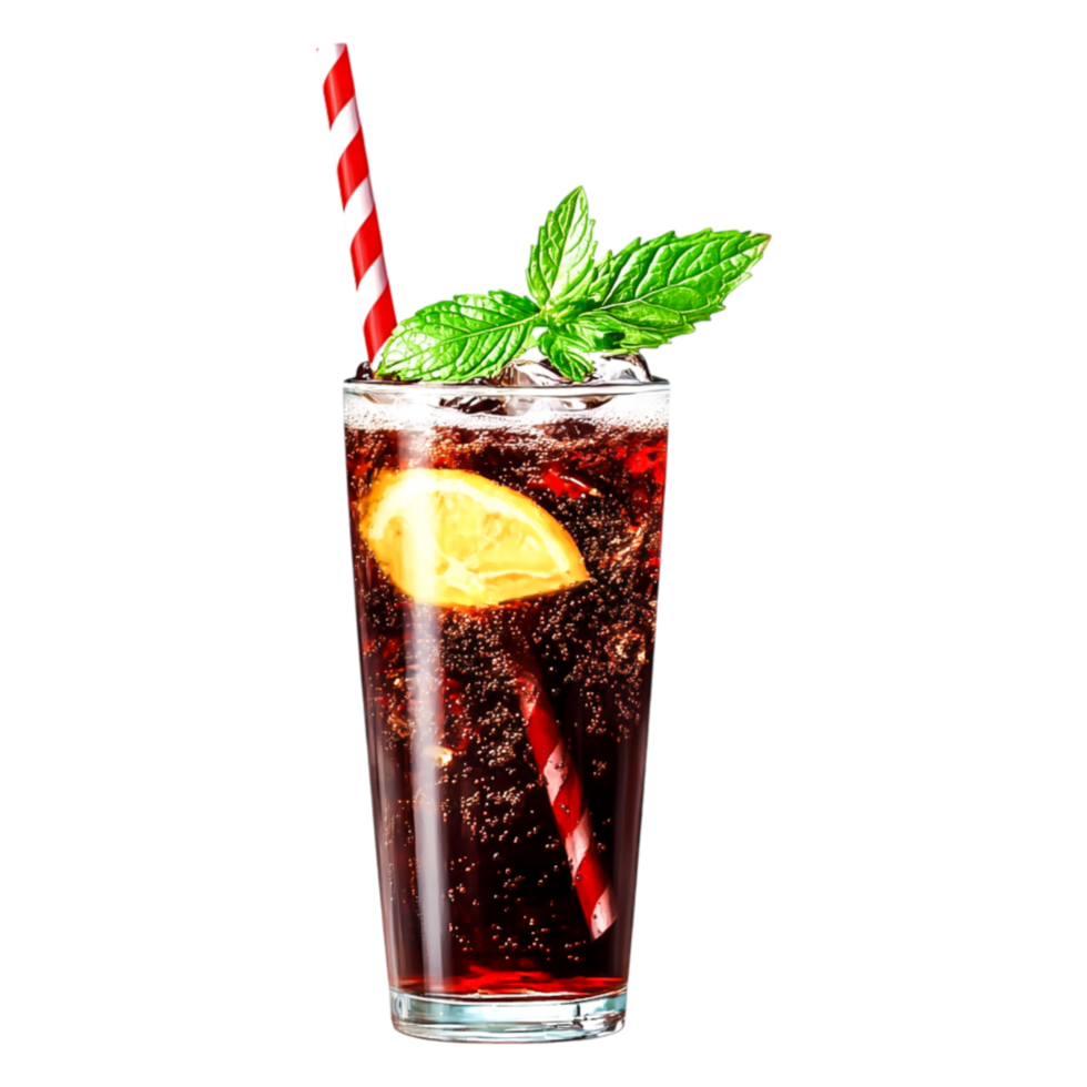 Refreshing Coca-Cola Beverage with Mint and Lemon Garnish in Tall Glass png
