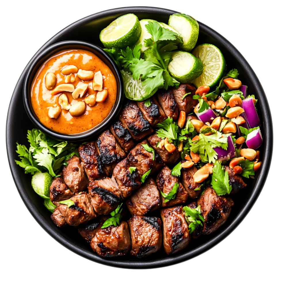 Delicious Grilled Meat Skewers with Fresh Herbs and Spicy Sauce png