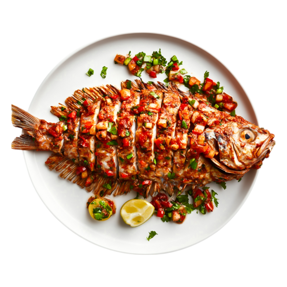 Grilled Whole Fish with Salsa and Fresh Herbs Served White Plate png