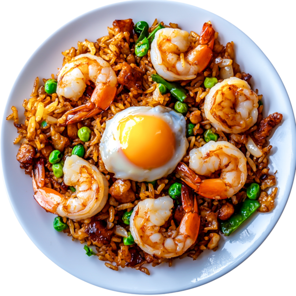 Delicious Shrimp Fried Rice with Egg and Colorful Vegetables on Plate png