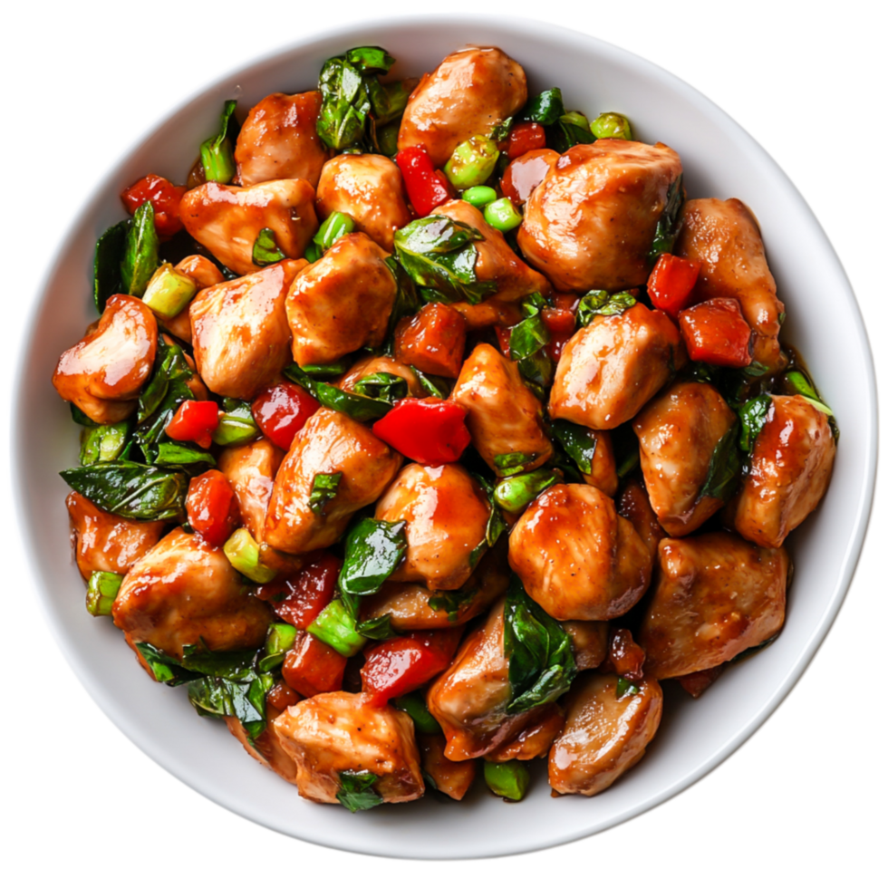 Delicious Stir-Fried Chicken with Vegetables and Fresh Basil Leaves png