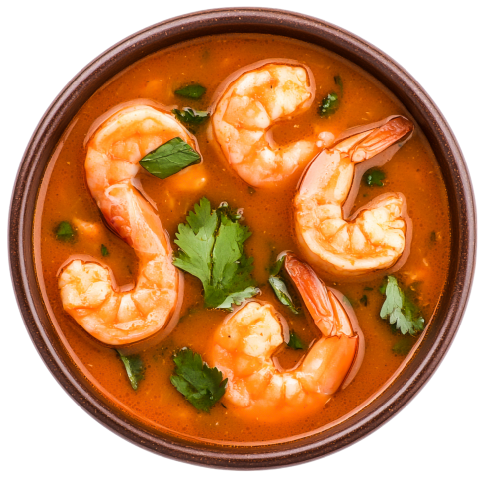 Delicious Spicy Shrimp Soup with Fresh Herbs and Bold Flavor png