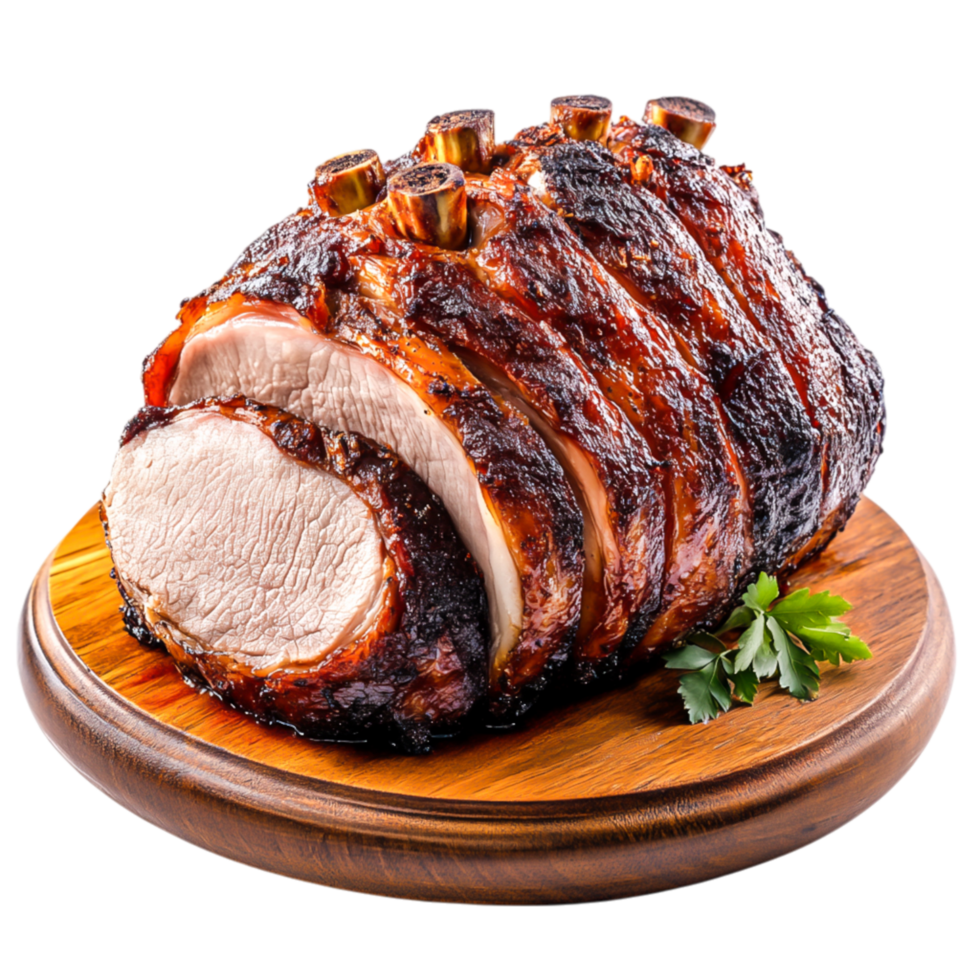 Juicy roasted meat on wooden board with herbs and spices ready for serving png