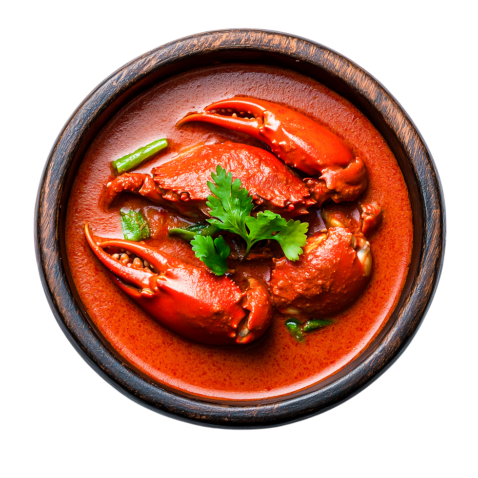 Delicious Spicy Crab Dish in a Wooden Bowl Garnished with Fresh Herbs png