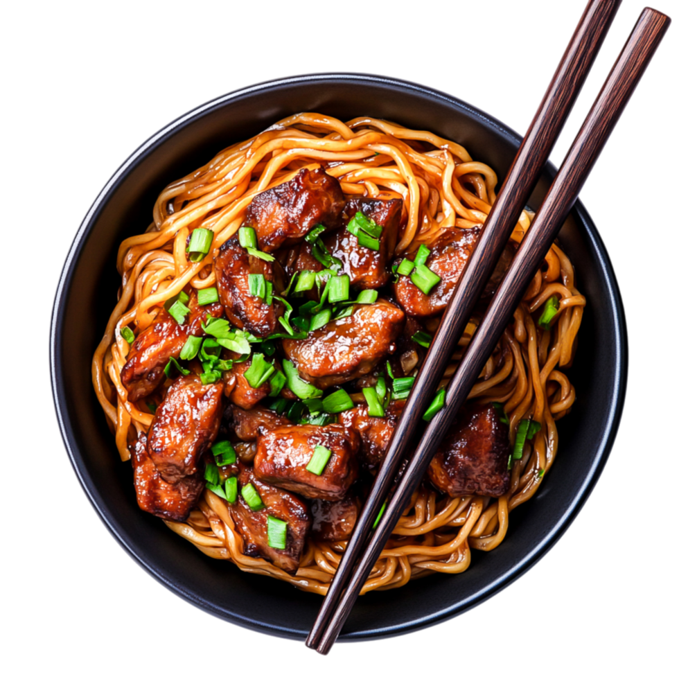 Delicious Bowl of Noodles with Meat and Green Onions Perfect for Dinner png