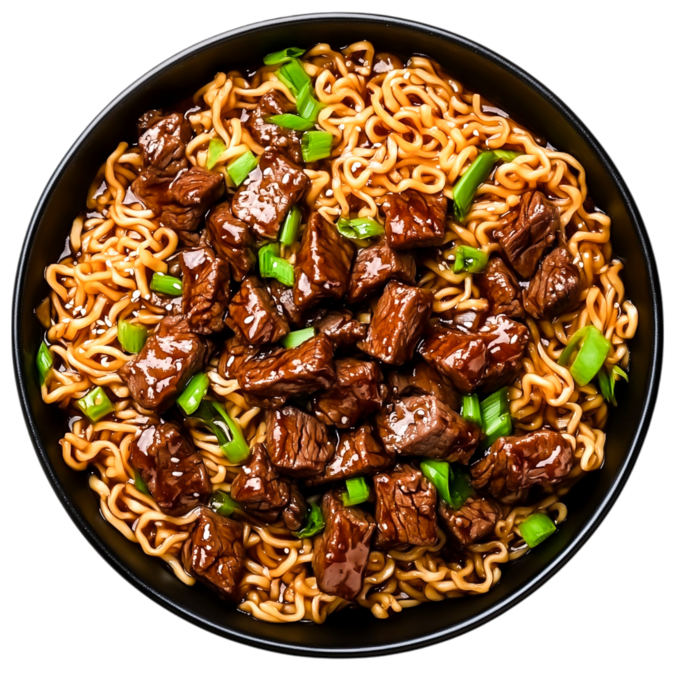 Delicious Beef and Noodle Dish with Fresh Green Onions in Black Bowl png
