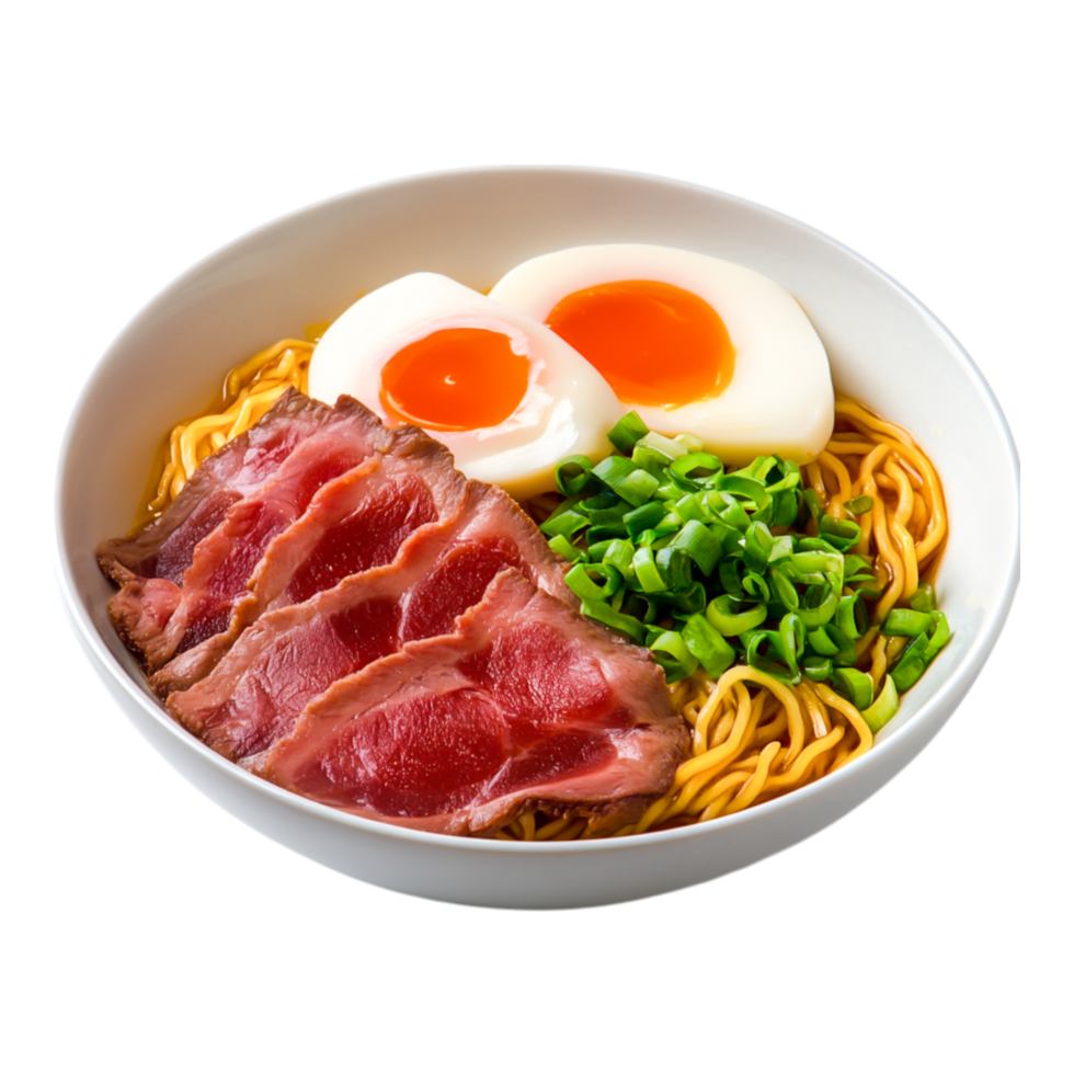 Savory Noodle Bowl with Tender Meat, Soft-Boiled Eggs, and Fresh Herbs png