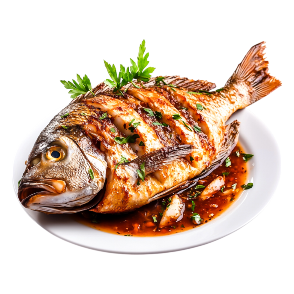 Grilled Whole Fish with Herbs and Sauce on White Plate Garnished with Greens png